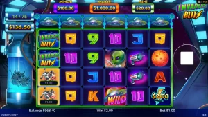 Tampilan layar Invaders Blitz di perangkat seluler, menunjukkan gulungan yang penuh warna dengan simbol alien dan sapi kartun, serta antarmuka kontrol yang dioptimalkan untuk sentuhan.