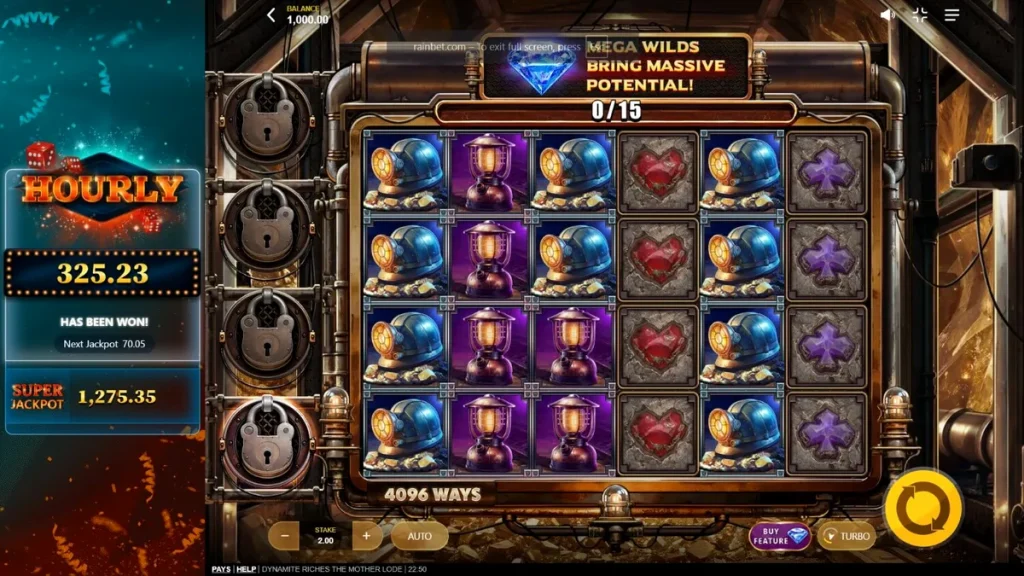 Tampilan visual slot Dynamite Riches The Mother Lode dengan simbol tambang dan emas
